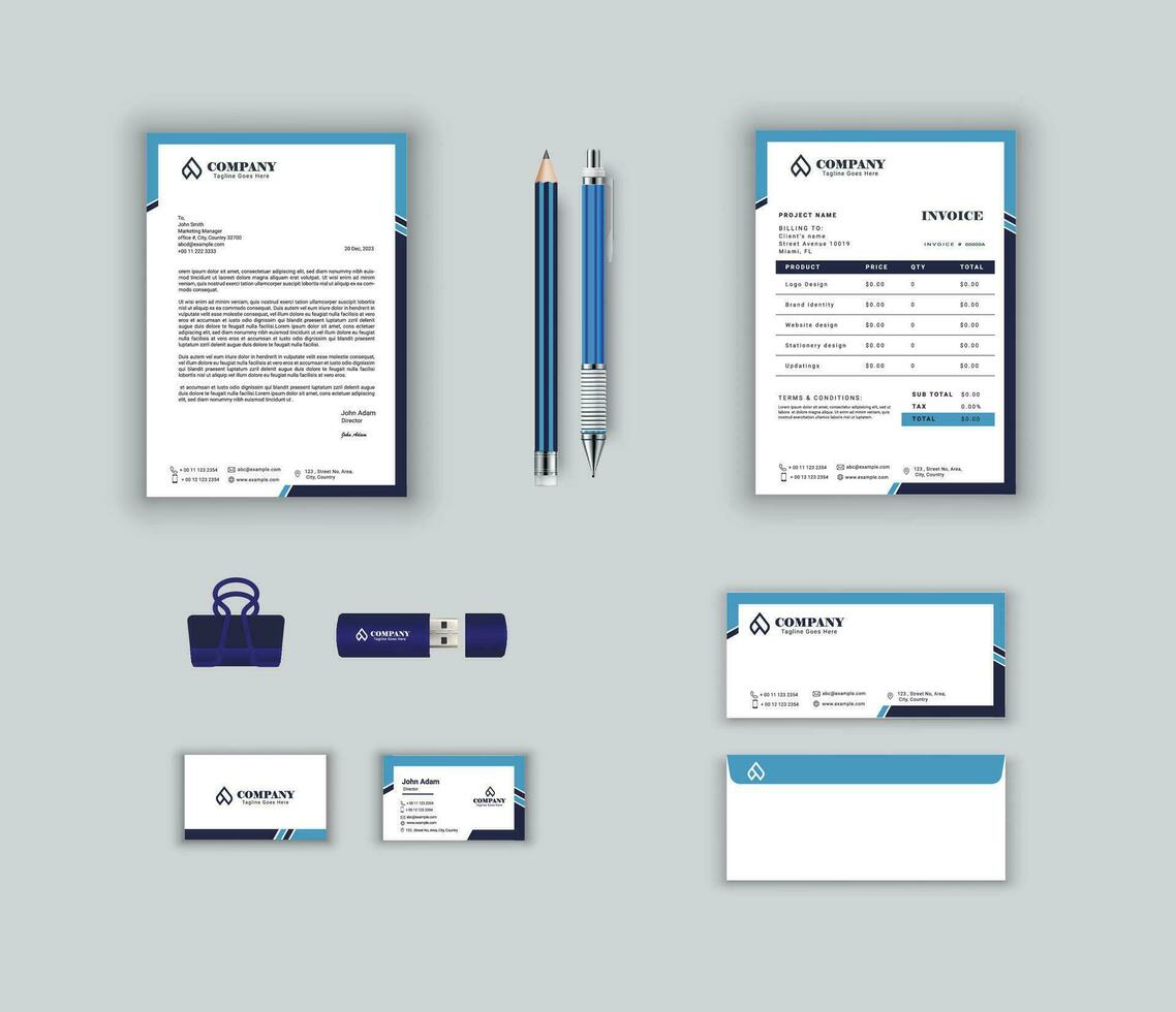 aziendale moderno stazionario impostato design modello con blu colore. carta intestata Busta ,attività commerciale carta ,fattura con sanguinare .Stazionario impostato vettore design carta intestata, visitare carta, avvolgere, fattura