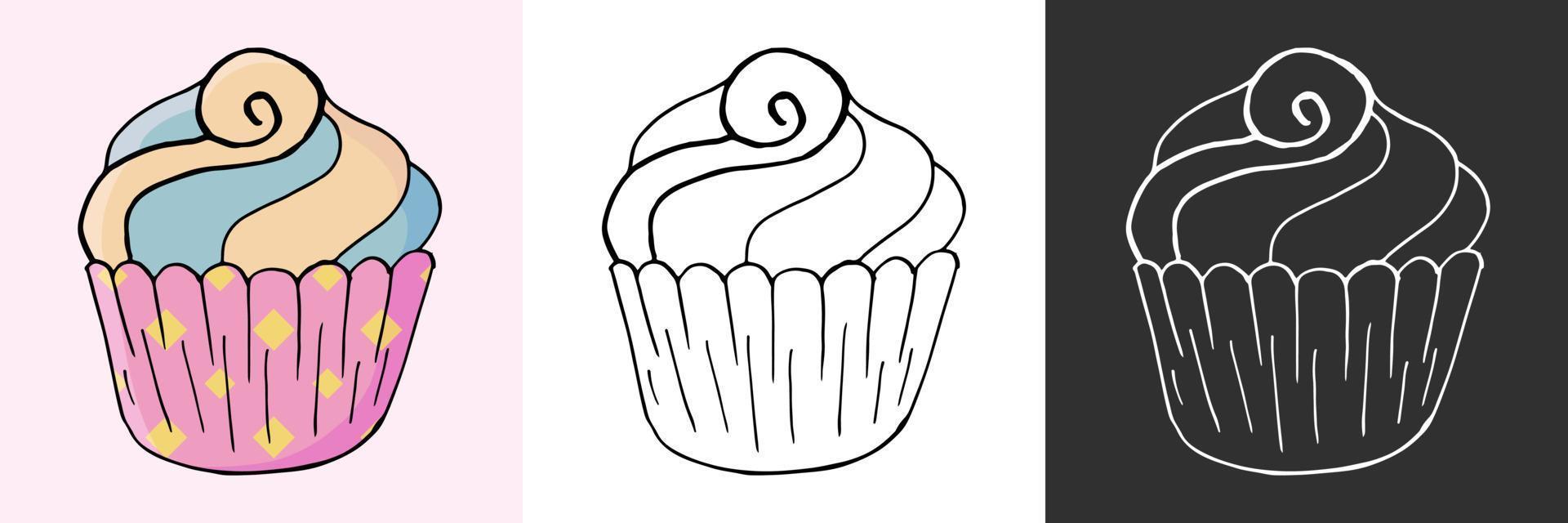 illustrazione vettoriale per il tuo design. icona luminosa di cupcake, muffin in stile disegno a mano