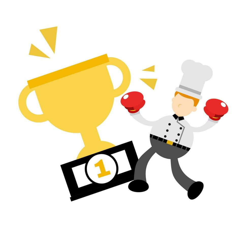 capocuoco uomo lavoratore raccogliere trofeo vincere campione cartone animato scarabocchio piatto design stile vettore illustrazione