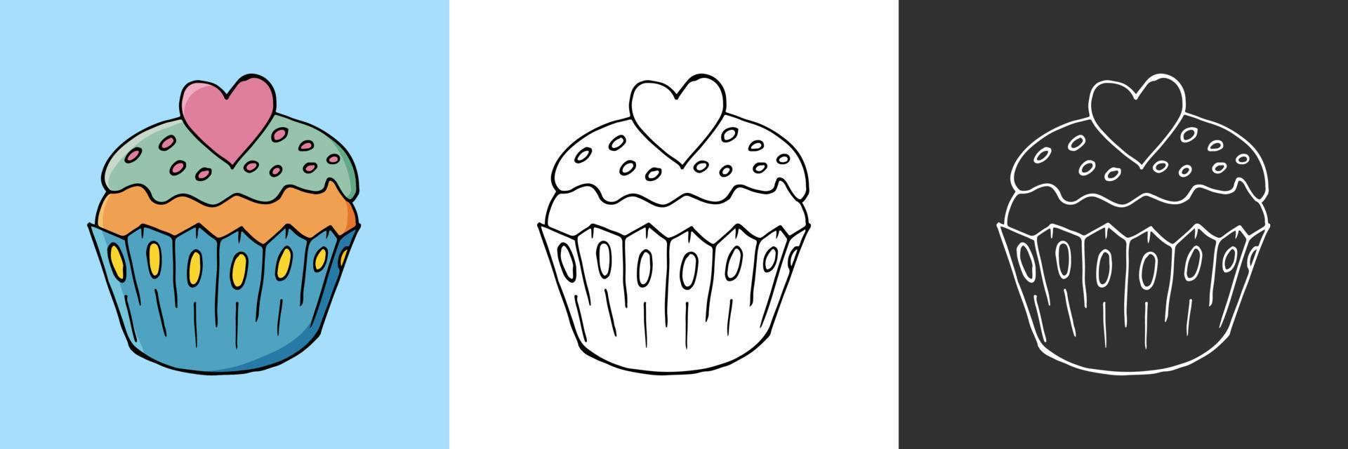 illustrazione vettoriale per il tuo design. icona luminosa di cupcake, muffin in stile disegno a mano