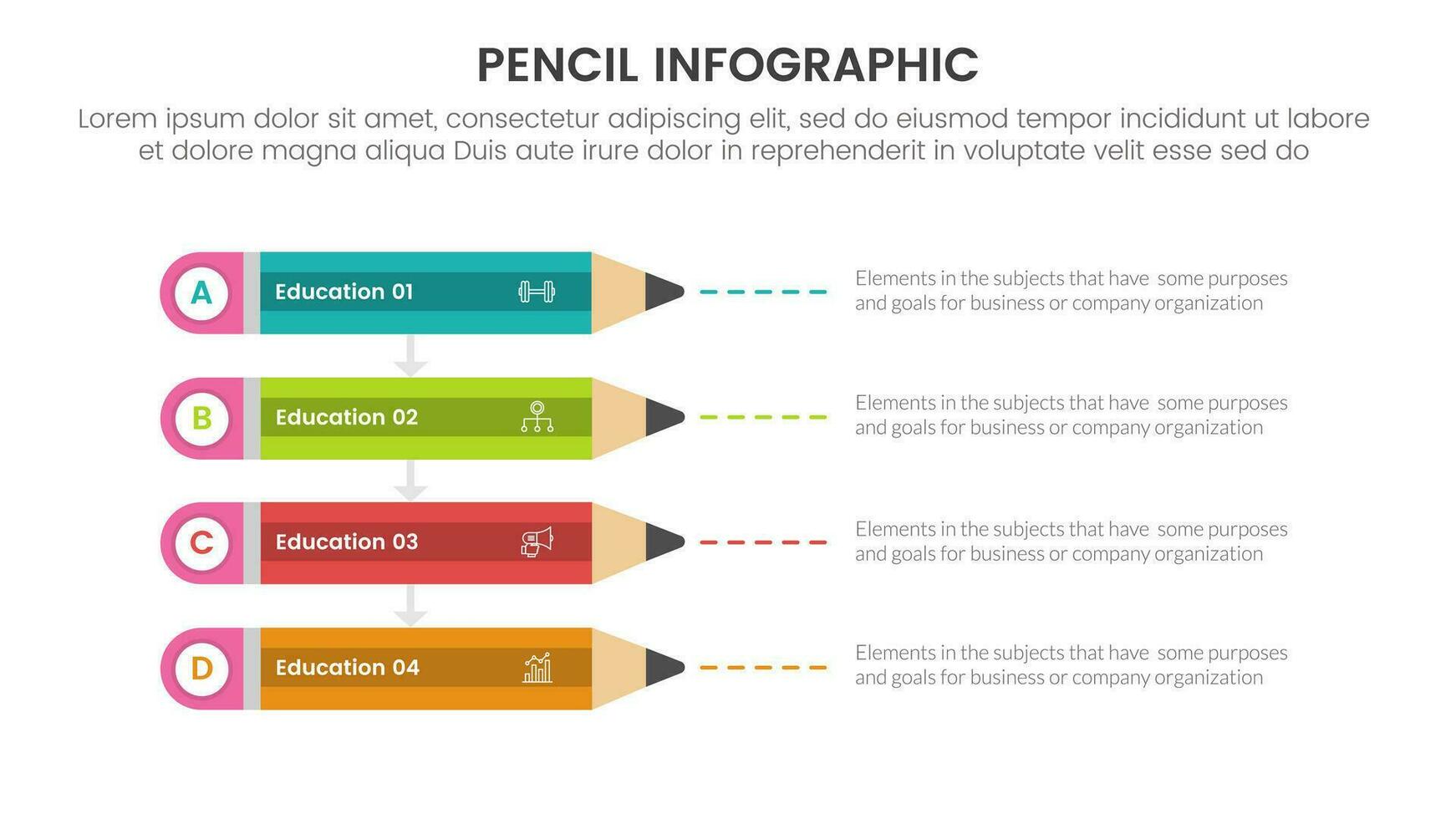 matita formazione scolastica Infografica 4 punto palcoscenico modello con matita pila con descrizione per diapositiva presentazione vettore