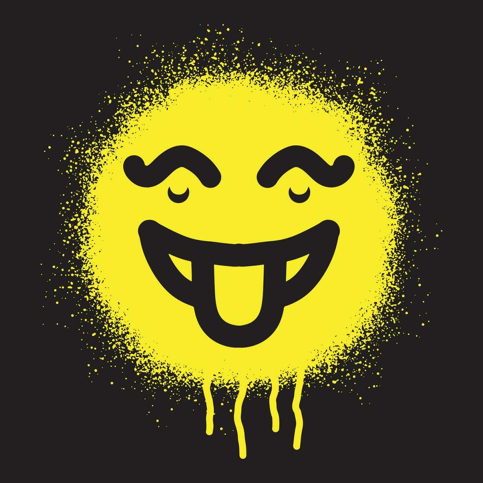 smiley emoticon stampino graffiti incollato su lingua con giallo spray dipingere su nero sfondo vettore