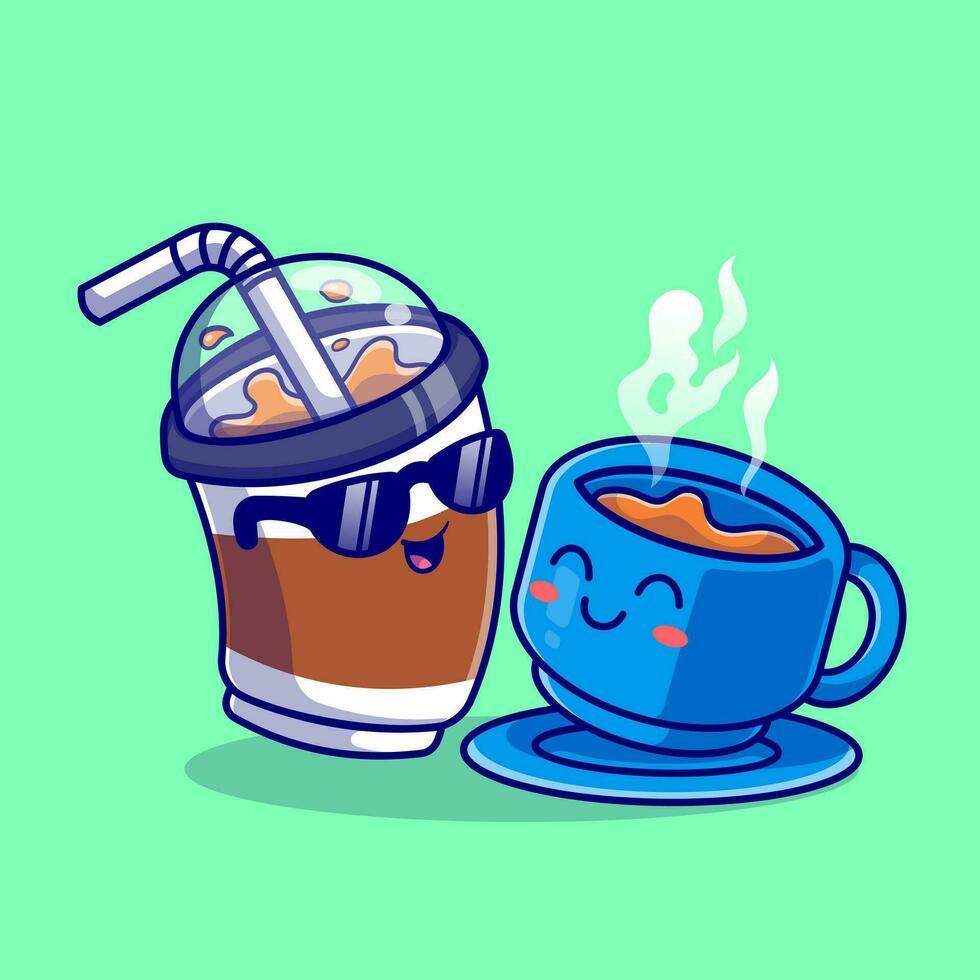 carino ghiaccio caffè con caldo caffè cartone animato vettore icona illustrazione. bevanda oggetto icona concetto isolato premio vettore. piatto cartone animato stile