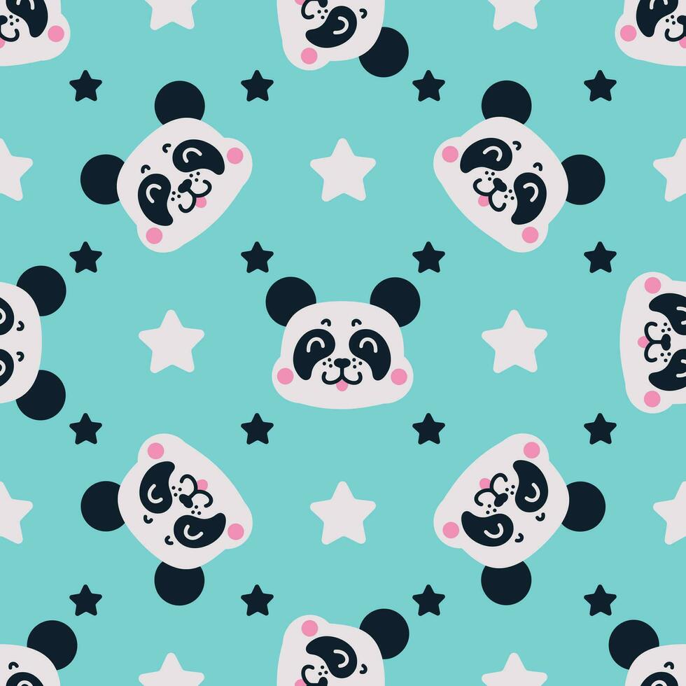 carino panda viso senza soluzione di continuità vettore modello. sorridente bambino orso con bellissimo stelle su un' blu sfondo. divertente animale, luminosa fondale per ragazzi e ragazze. piatto cartone animato illustrazione per tessuto, sfondo