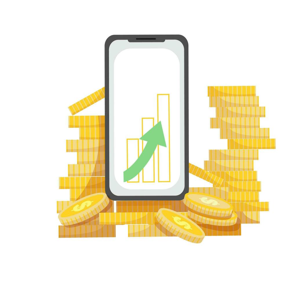 Telefono su il pila di monete. crescita grafico su mobile Telefono schermo. profitto, fabbricazione i soldi, finanza app, attività commerciale, investimento concetto. isolato vettore illustrazione per striscione, manifesto, pubblicità.