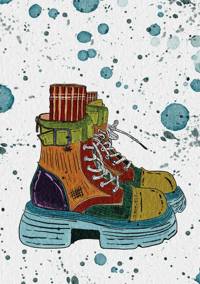 Stampa arte linea linework scarpe stivali arcobaleno sport capi di abbigliamento grigio viola verde rosso nero illustrazione telaio sneaker vettore