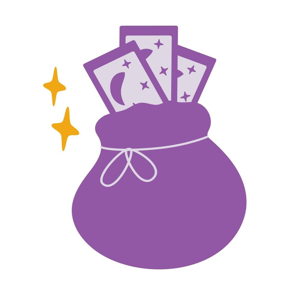 Magia marsupio con tarocco carte per fortuna telling e decorativo stelle nel di moda viola monocromatico vettore