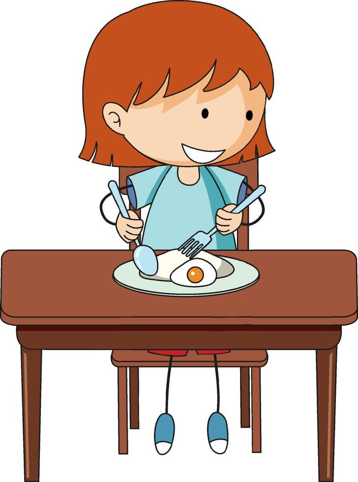 una ragazza facendo colazione doodle personaggio dei cartoni animati isolato vettore