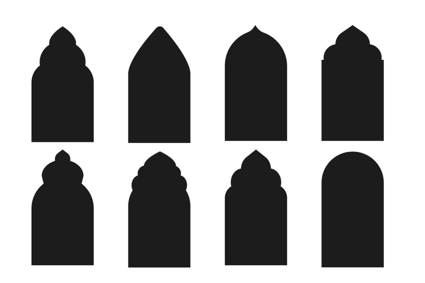 impostato islamico arco cornici, finestra o porta silhouette, semplice geometrico confine isolato su bianca sfondo. moschea cancello, islamico arabesco, arabo musulmano forma arco. vettore illustrazione