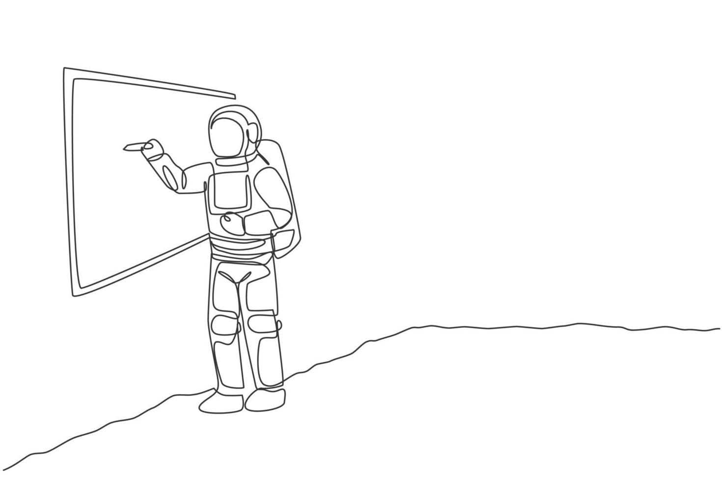 un disegno a tratteggio continuo di un giovane astronauta che spiega la formula e scrive sulla lavagna sulla superficie lunare. concetto di spazio galassia cosmica. illustrazione vettoriale di disegno grafico di disegno grafico a linea singola dinamica
