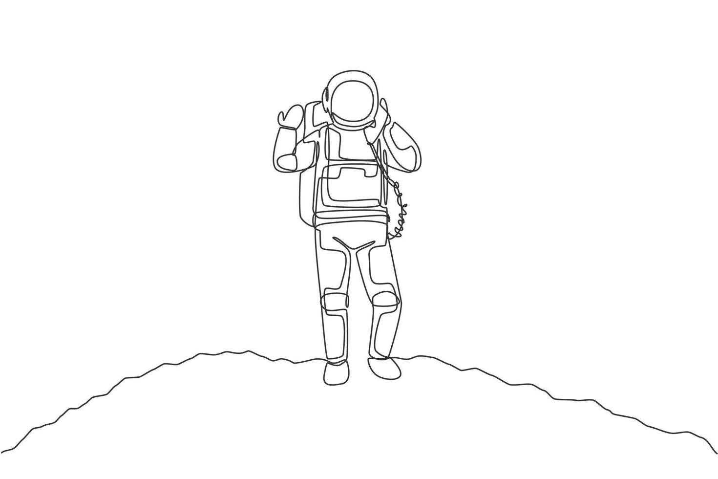 disegno a linea continua dell'astronauta sulla superficie lunare che chiama con il satellite del telefono. ufficio commerciale con il concetto di spazio cosmico della galassia. illustrazione vettoriale di design grafico di una linea alla moda di disegno