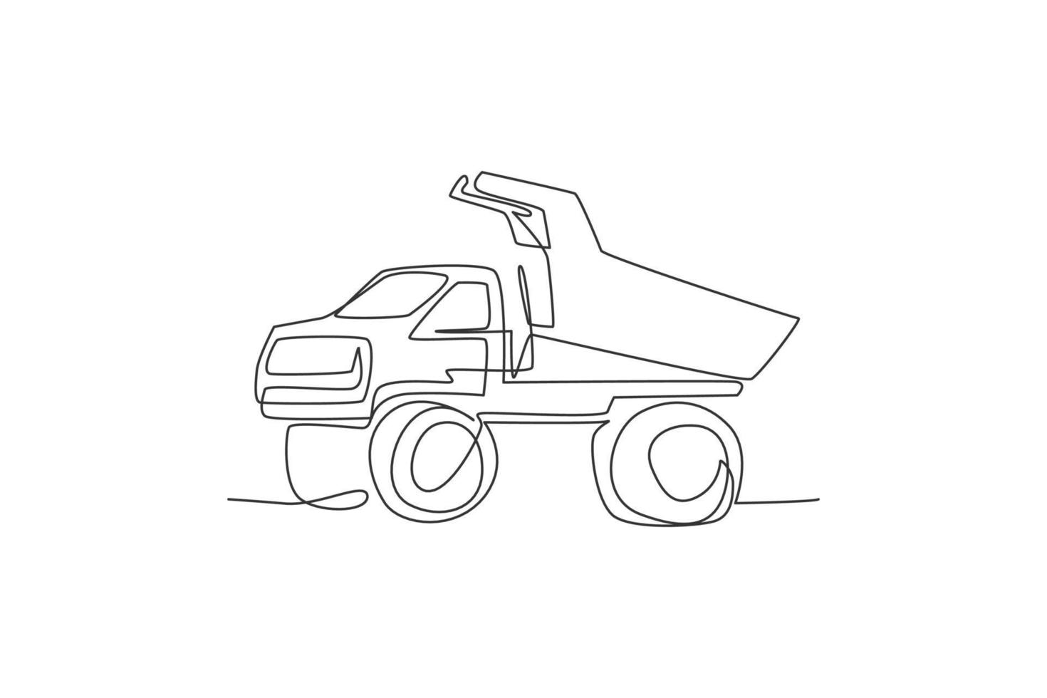 un disegno a linea singola di un grande camion con cassone ribaltabile minerario per caricare carbone e prodotti minerari illustrazione vettoriale. concetto di veicolo di trasporto pesante. grafica moderna per disegnare linee continue vettore
