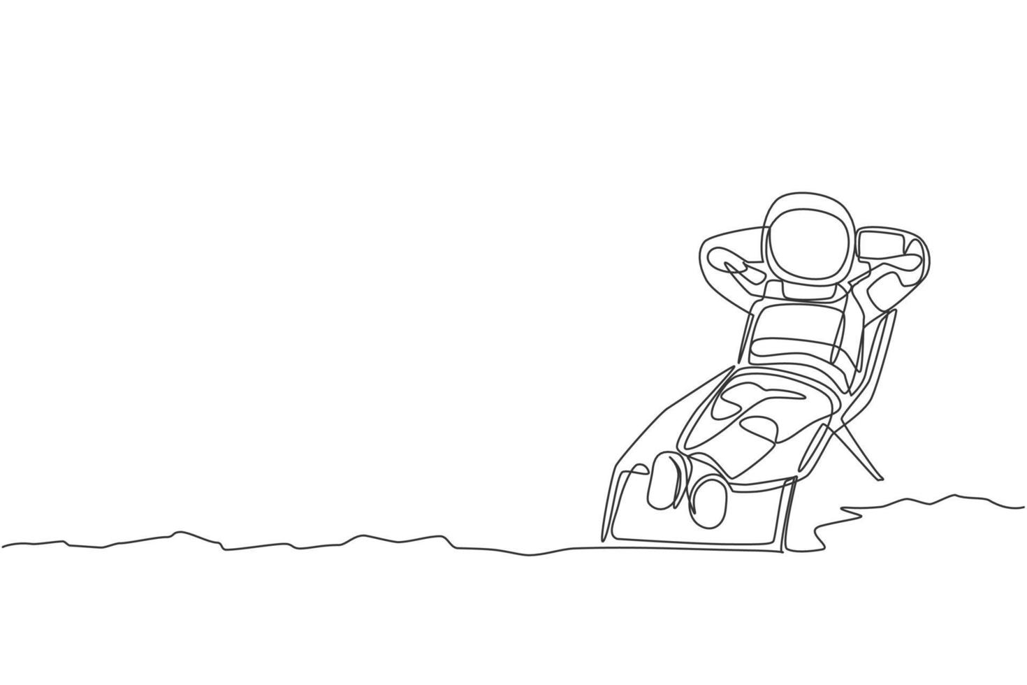 disegno a linea continua di un giovane astronauta che si abbronza e fa un pisolino sul sole più a lungo sulla superficie lunare. concetto di galassia cosmica dell'uomo dello spazio. illustrazione vettoriale di design alla moda con una linea di disegno