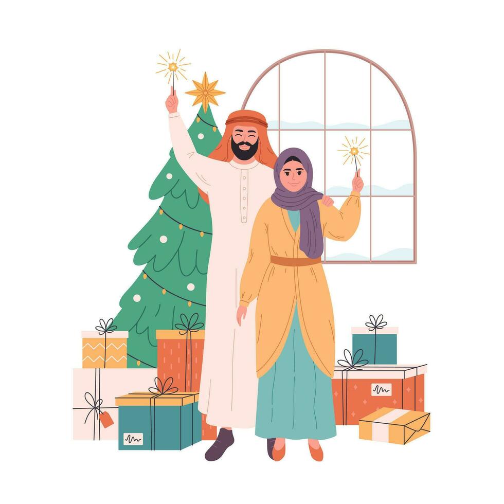 musulmano coppia Tenere sparkler e festeggiare Natale o nuovo anno. Natale albero con regali. vettore