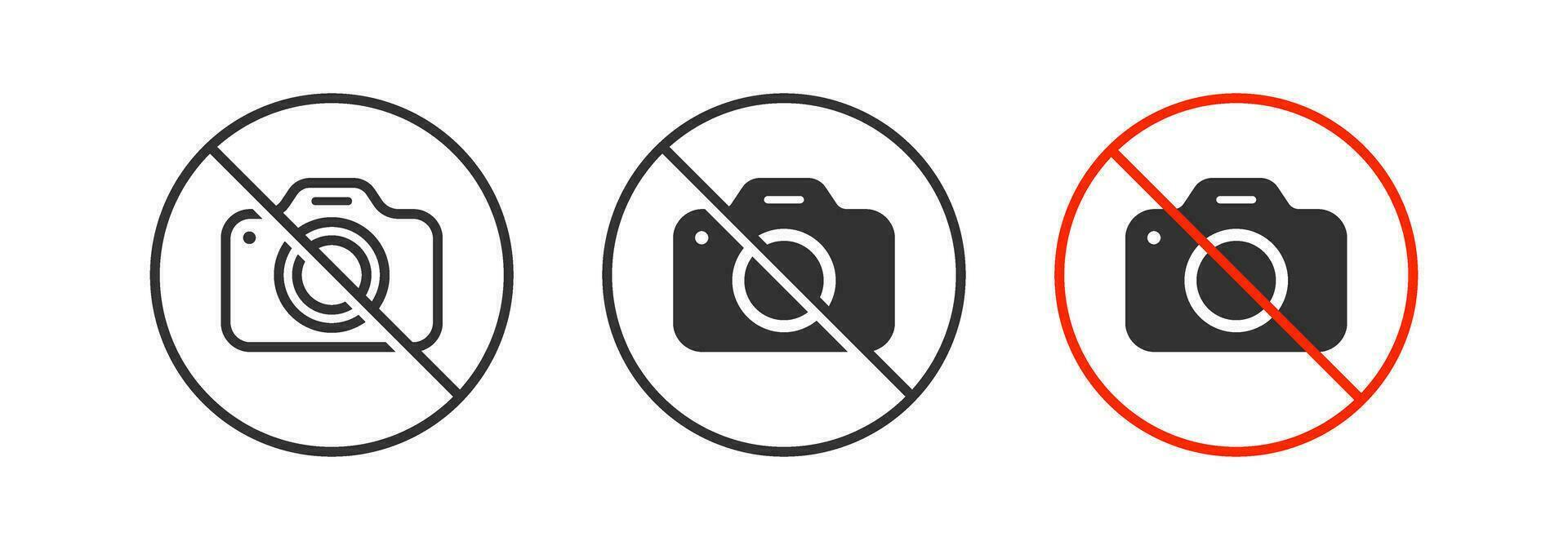 no foto icona. proibito telecamera simbolo. bandire fotografia segni. Proibito prendere foto simboli. fermare registrazione icone. Nero, rosso colore. vettore cartello.