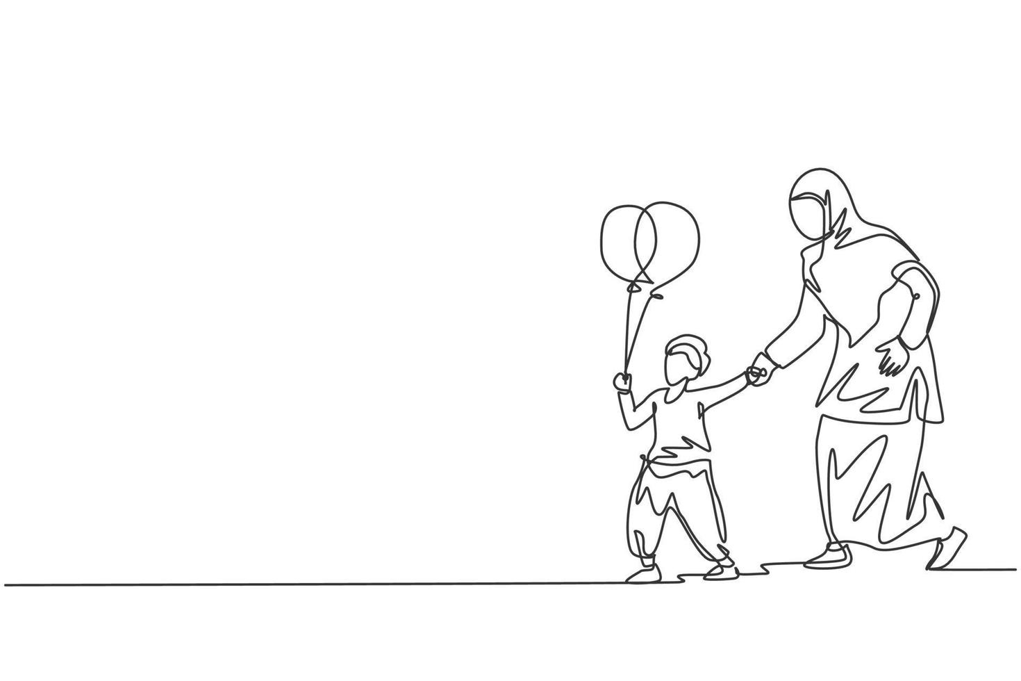un disegno a tratteggio continuo di giovani madre e figlio islamici che giocano insieme in un parco pubblico all'aperto. felice concetto di famiglia genitorialità musulmana araba. illustrazione vettoriale di disegno dinamico a linea singola