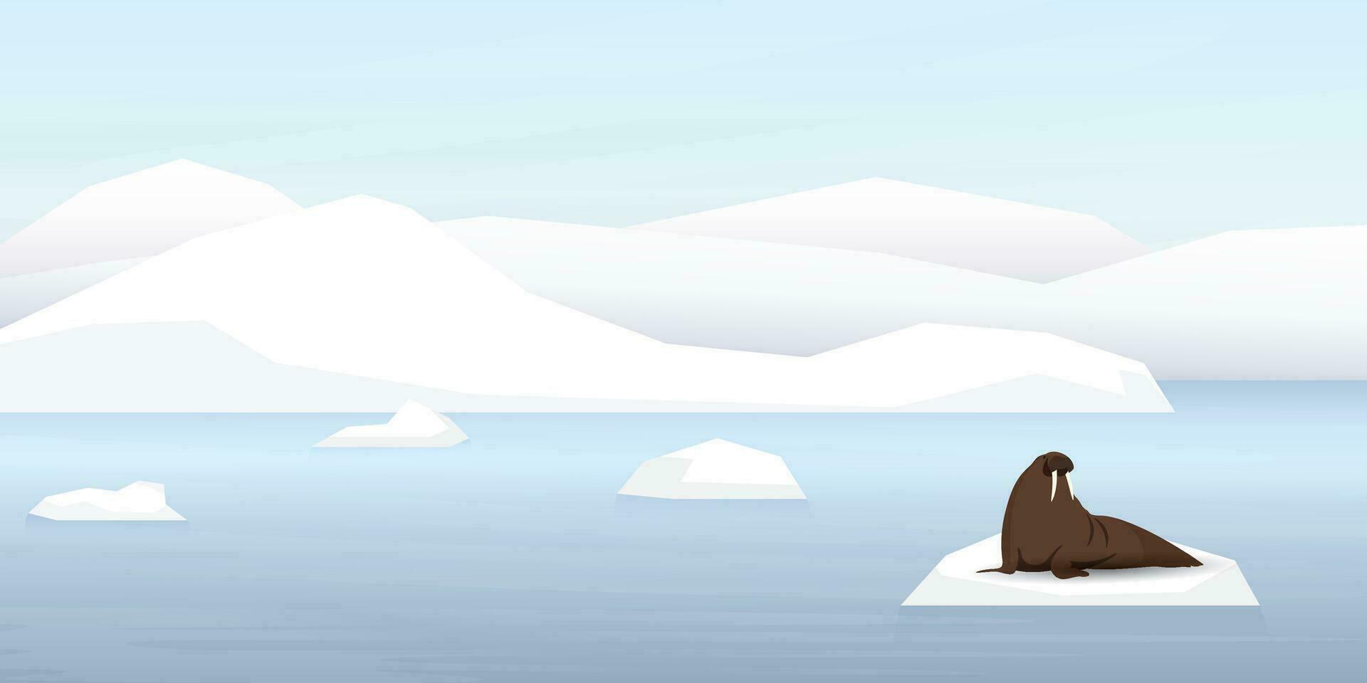 tricheco su ghiaccio floe con costiero e iceberg dietro a vettore illustrazione. neve paesaggio concetto avere vuoto spazio.