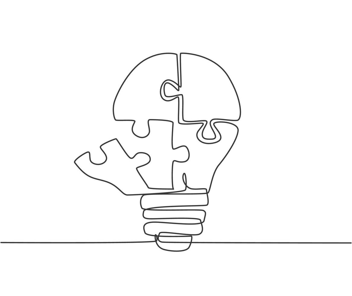 disegno a linea continua di una parte dei puzzle che formano l'etichetta del logo della lampadina. concetto di etichetta icona azienda intelligente team building. illustrazione vettoriale di design grafico di una linea alla moda di disegno