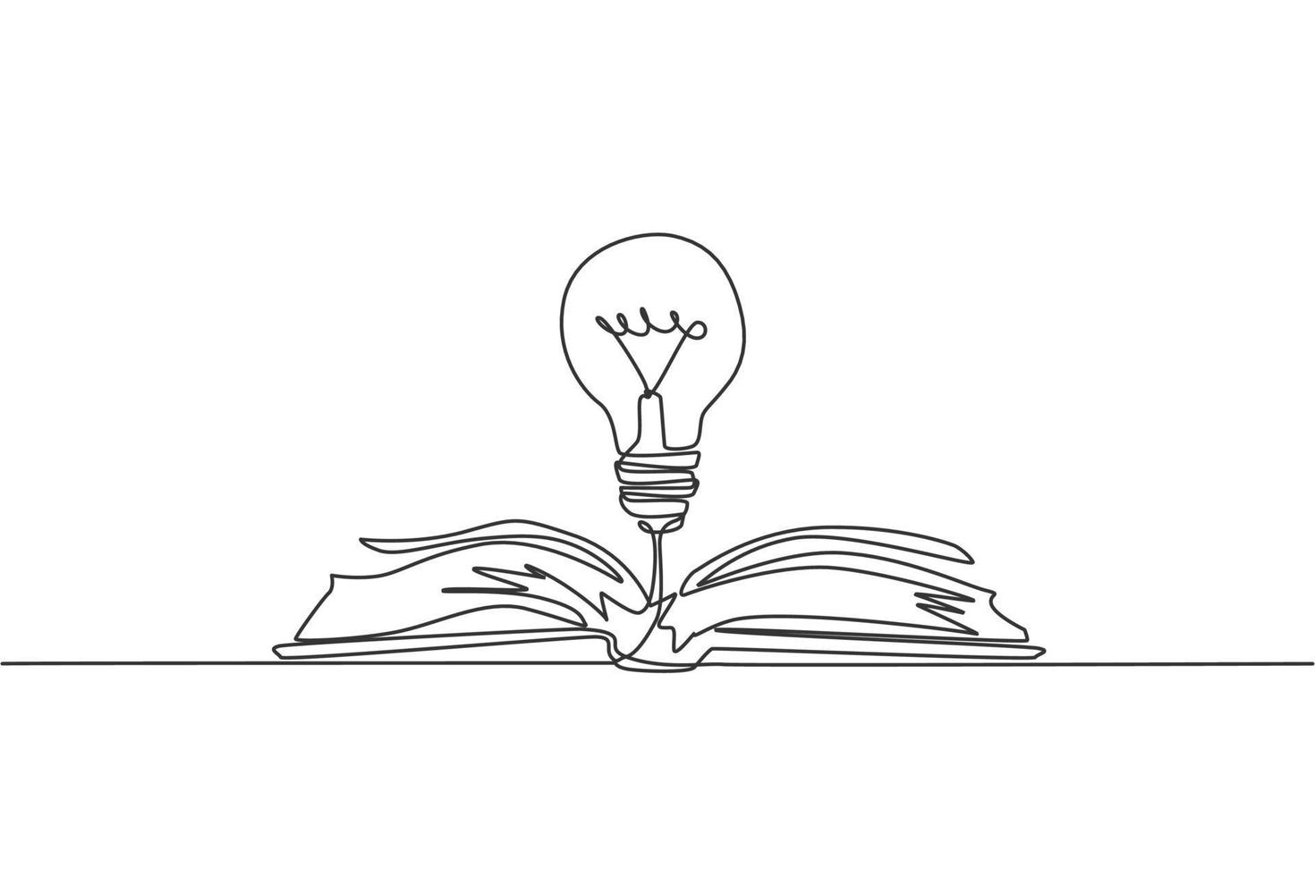 un disegno a tratteggio di una lampadina brillante sopra l'identità del logo del libro di testo aperto. concetto di modello dell'icona del logotipo del club di studio della conoscenza. illustrazione vettoriale grafica di disegno di disegno di linea continua dinamica