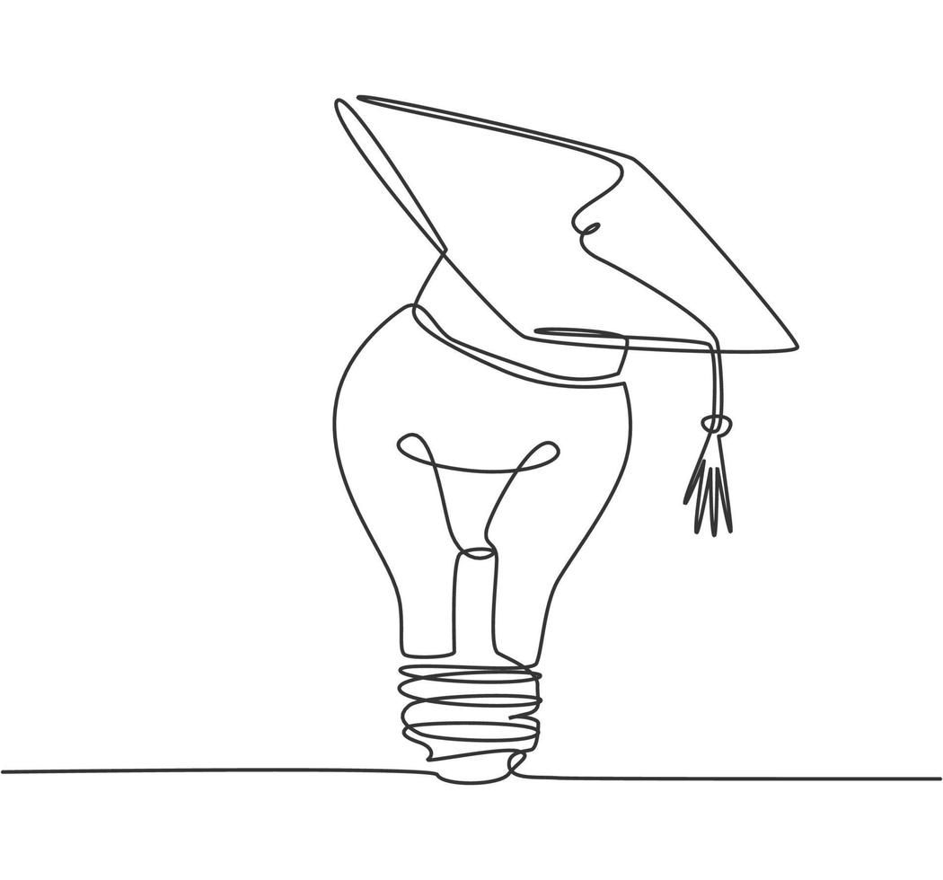 un disegno a tratteggio di una lampadina luminosa che indossa l'identità del logo del berretto di laurea. concetto di modello icona logotipo dell'accademia di studio intelligente. illustrazione vettoriale grafica di disegno di disegno di linea continua dinamica