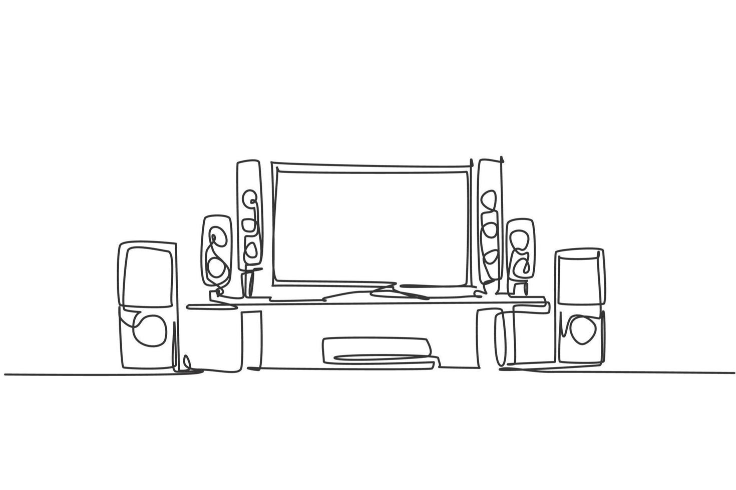 un disegno a tratteggio continuo di intrattenimento domestico di lusso dell'home theater. concetto di modello di gadget per mobili da soggiorno di elettricità. illustrazione grafica vettoriale di design a linea singola alla moda