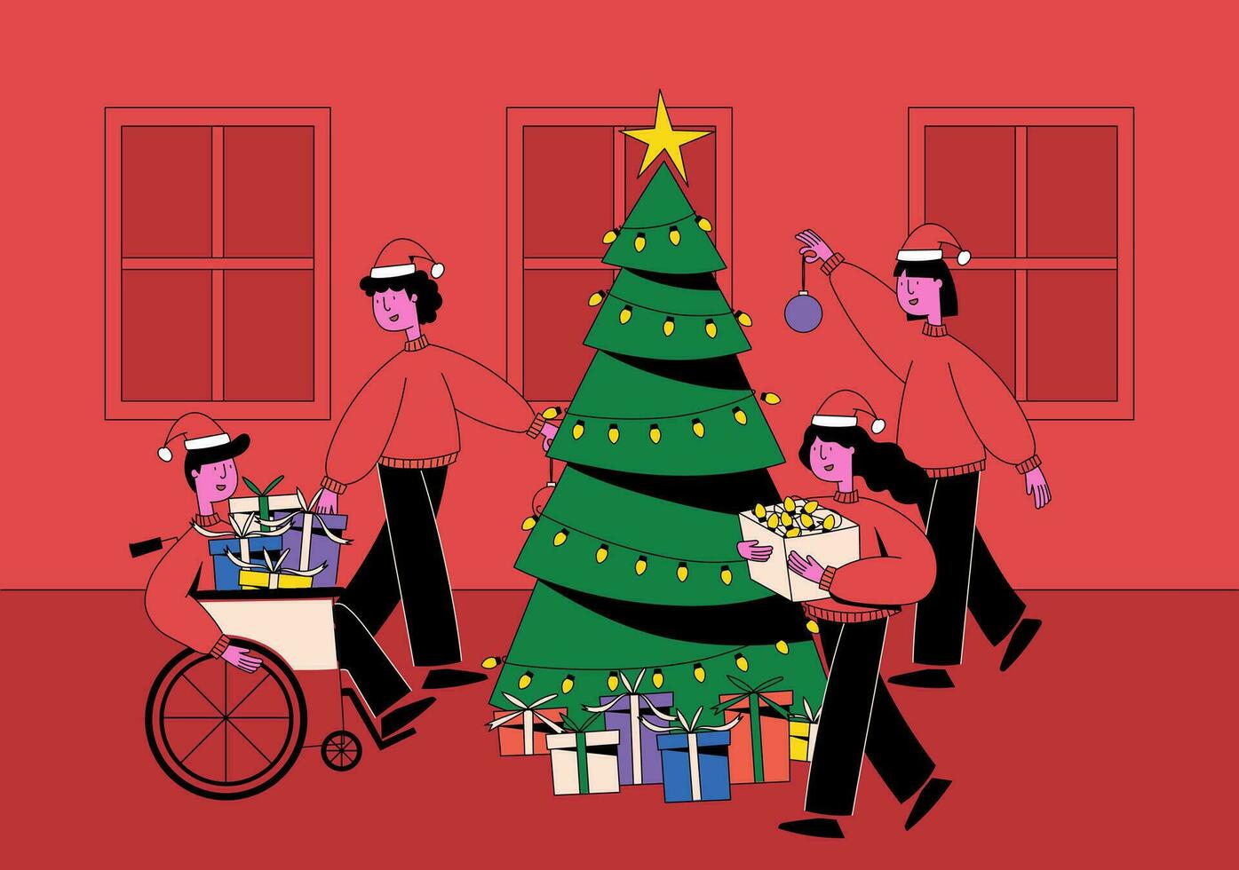 illustrazione di un' diverso gruppo festeggiare Natale nel un' Casa con Natale albero e Natale i regali vettore