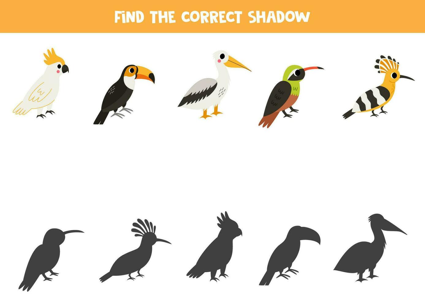 trova ombre di carino cartone animato uccelli. educativo logico gioco per bambini. vettore