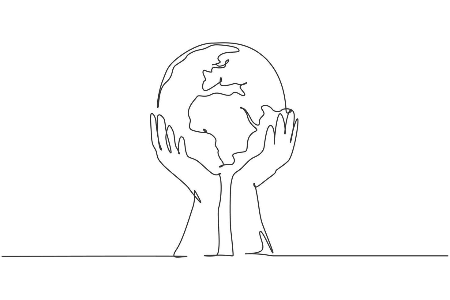le mani tengono la terra. icona grafica della mappa globale del mondo a linea continua singola. semplice doodle di una linea per il concetto di organizzazione senza scopo di lucro. illustrazione vettoriale isolato design minimalista su sfondo bianco