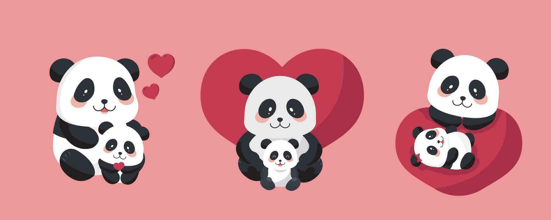 carino panda oggetto impostato con cuore per San Valentino giorno.illustrazione vettore per cartolina, icona, adesivo