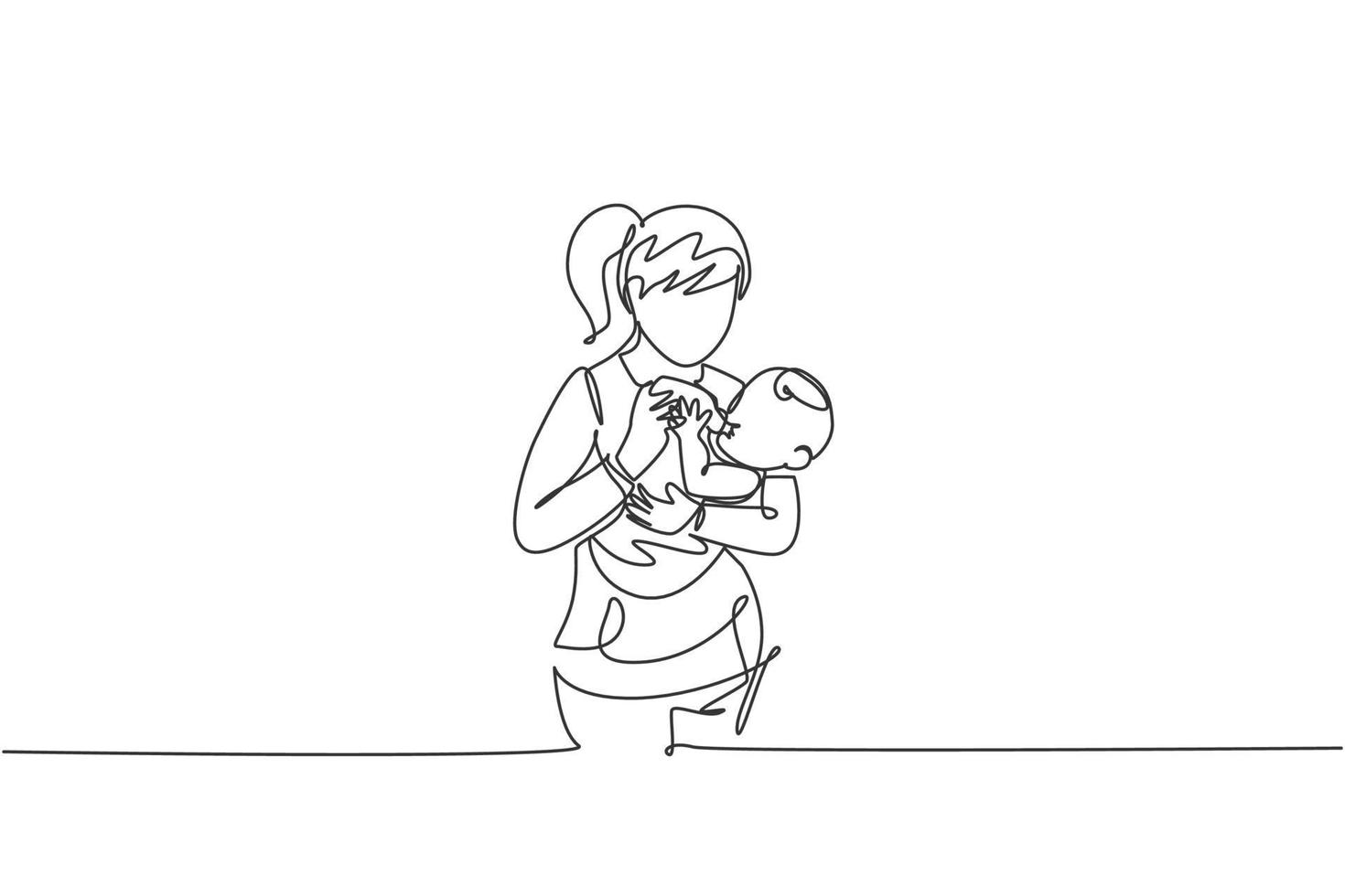 un unico disegno a tratteggio della giovane madre che porta e nutre il suo bambino con cibo nutriente a casa illustrazione vettoriale. concetto di apprendimento genitoriale felice. moderno disegno grafico a linea continua vettore