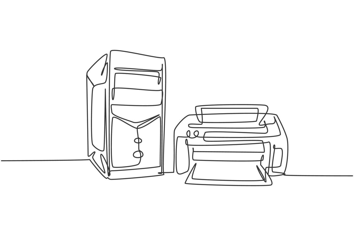 un disegno a linea continua di computer cpu e stampante per piccoli elettrodomestici da ufficio. concetto di modello di attrezzatura domestica di elettricità. illustrazione grafica vettoriale di design a linea singola alla moda
