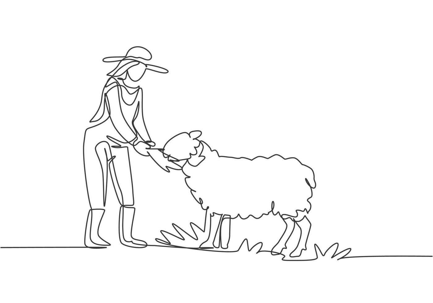 un'unica linea continua che disegna una giovane agricoltrice sta dando da mangiare alle pecore in modo che le pecore siano sane e producano la carne migliore. concetto di minimalismo. una linea disegnare grafica illustrazione vettoriale. vettore