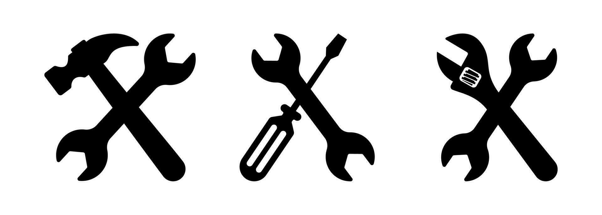logo utensili modello con chiave inglese, Cacciavite, tubo chiave inglese, martello icona impostato clip-art vettore
