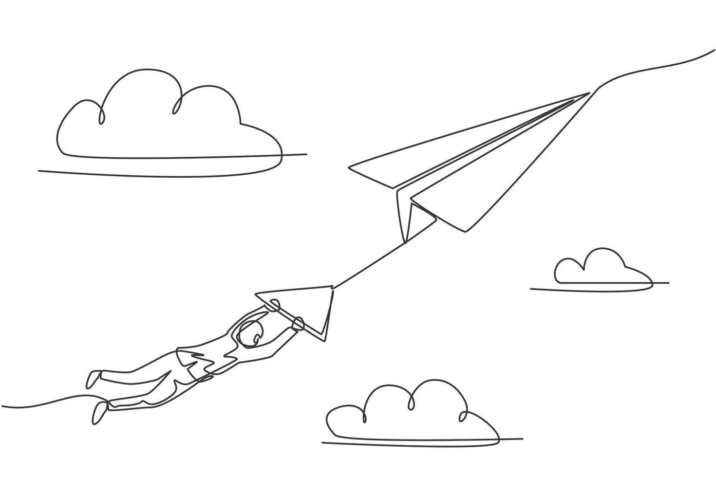 disegno a linea continua di un giovane uomo d'affari appeso a un grande aeroplano di carta volante. concetto di metafora di sfida aziendale. minimalismo dinamico un disegno di una linea. illustrazione vettoriale di progettazione grafica