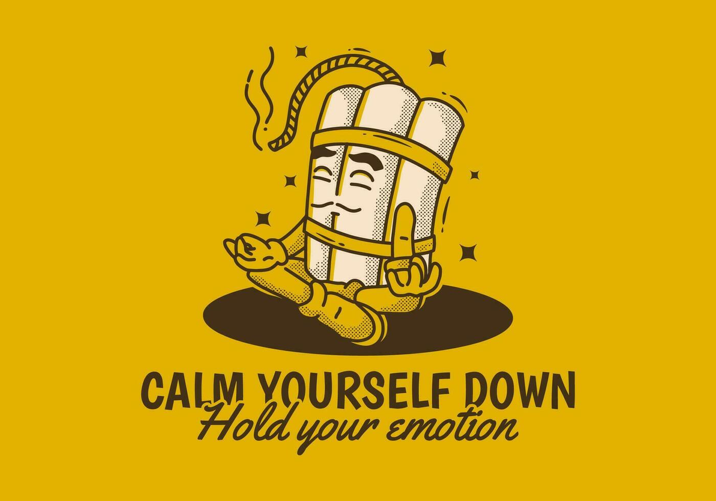 calma te stesso giù hold il tuo emozione. portafortuna personaggio design di tnt dinamite nel meditazione posa vettore