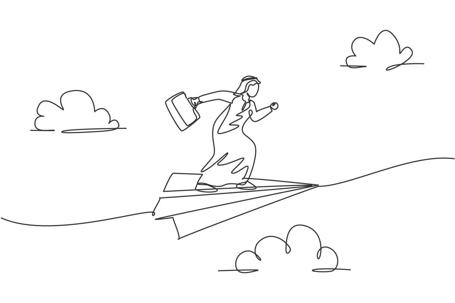 singolo disegno di una linea giovane uomo d'affari arabo che vola su un aereo di carta e posa pronto per l'esecuzione. concetto di metafora minima missione aziendale. illustrazione vettoriale grafica di disegno di disegno di linea continua moderna