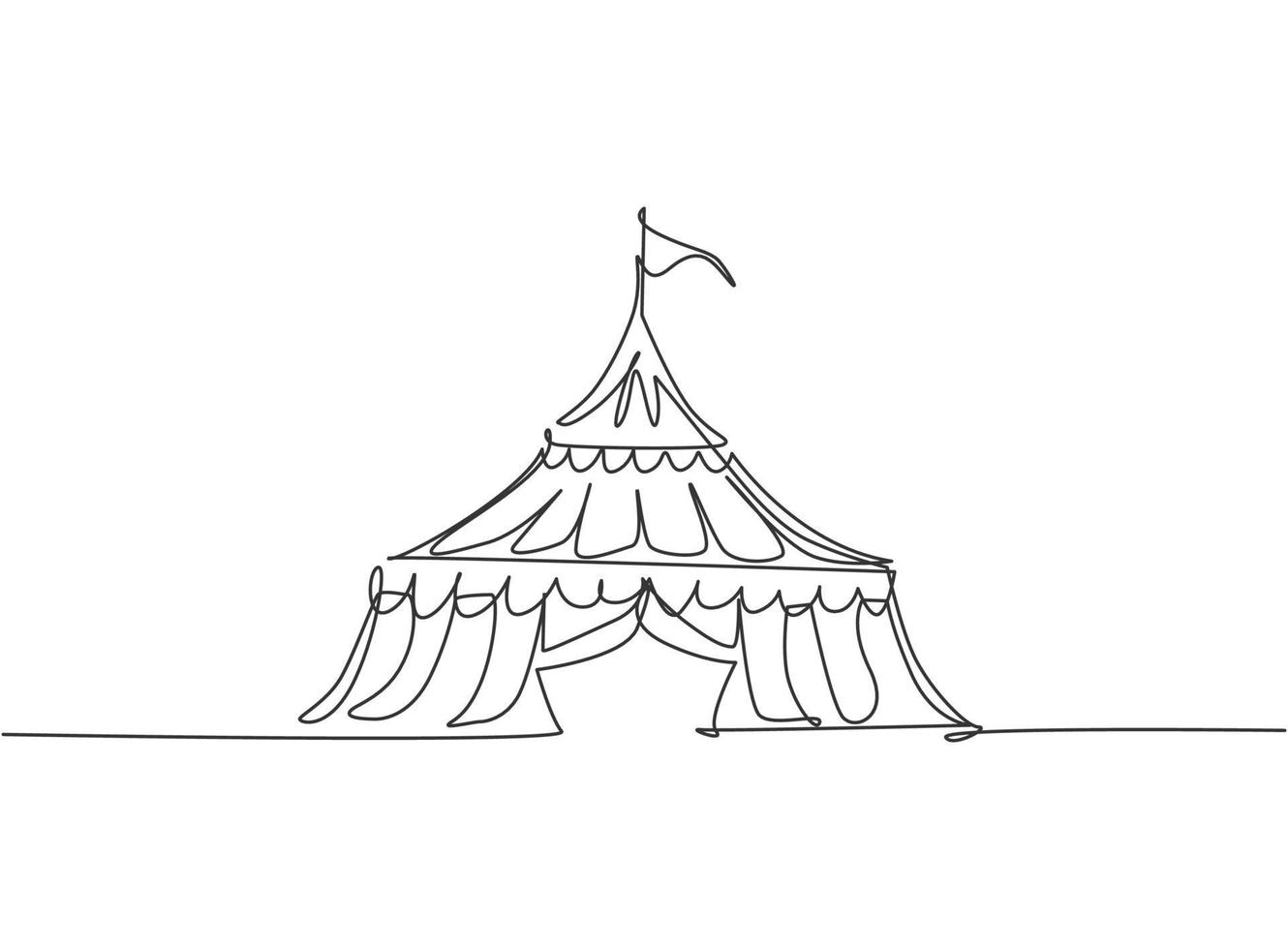 tenda da circo con disegno a linea continua a forma di triangolo con strisce e bandiera nella parte superiore. luogo di spettacolo per clown, maghi, animali. una linea disegnare grafica illustrazione vettoriale. vettore