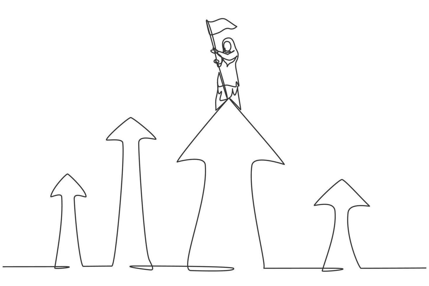 singolo disegno a tratteggio giovane donna d'affari araba piantato bandiera sulla parte superiore del simbolo della freccia. concetto minimo di crescita finanziaria aziendale. illustrazione vettoriale grafica di disegno di disegno di linea continua moderna