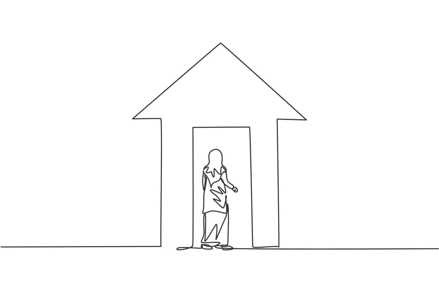 singolo disegno a tratteggio di una giovane donna d'affari araba entra nell'edificio freccia in su. concetto minimo metafora di crescita finanziaria aziendale. illustrazione vettoriale grafica di disegno di disegno di linea continua moderna