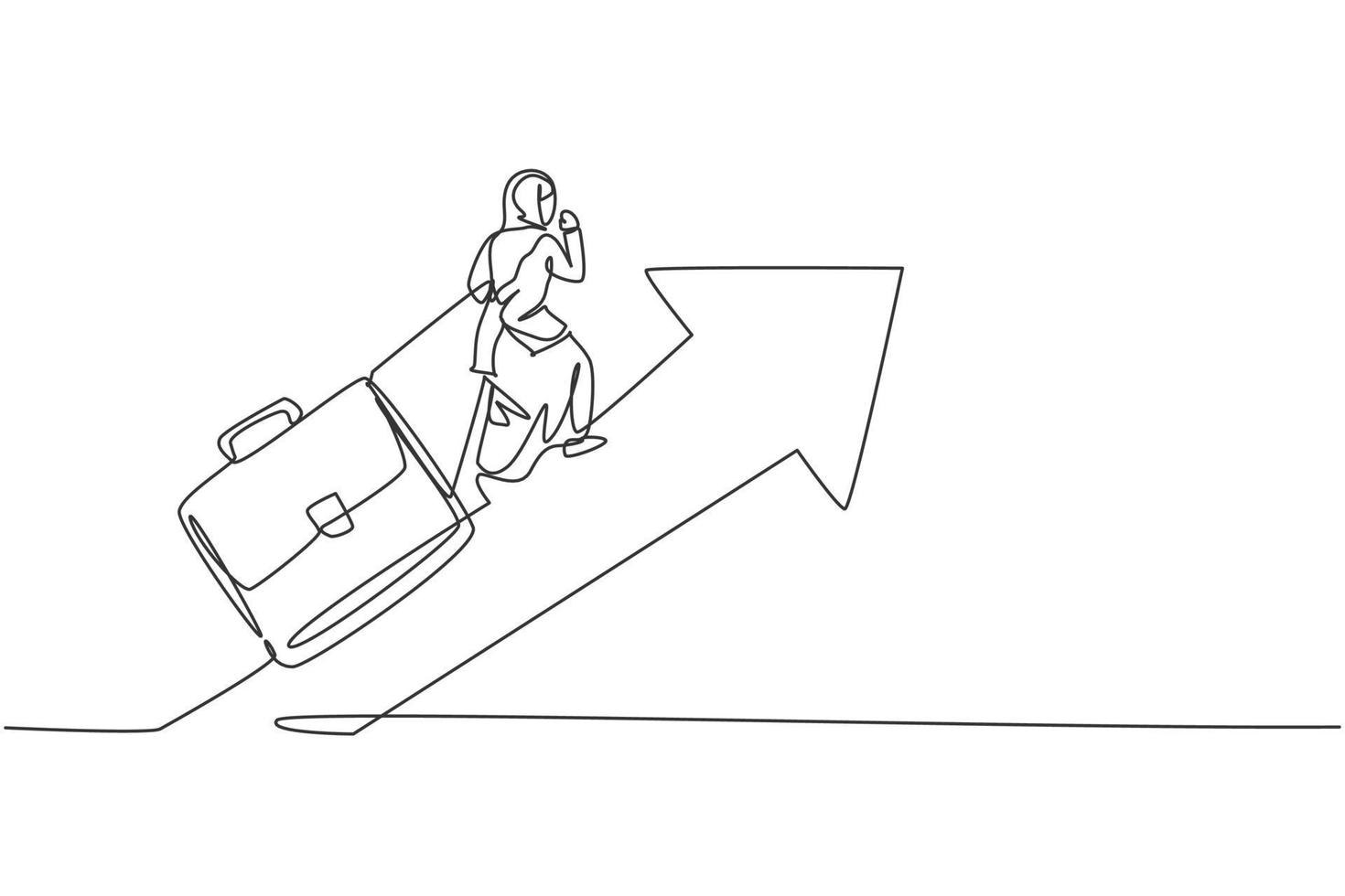 disegno continuo di una linea di una giovane lavoratrice araba che si arrampica sul simbolo della freccia mentre si tira la valigetta. concetto minimalista di successo manager. illustrazione grafica vettoriale di design a linea singola alla moda