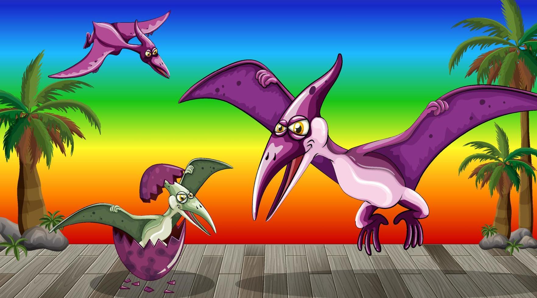dinosauro cartone animato su sfondo sfumato arcobaleno vettore