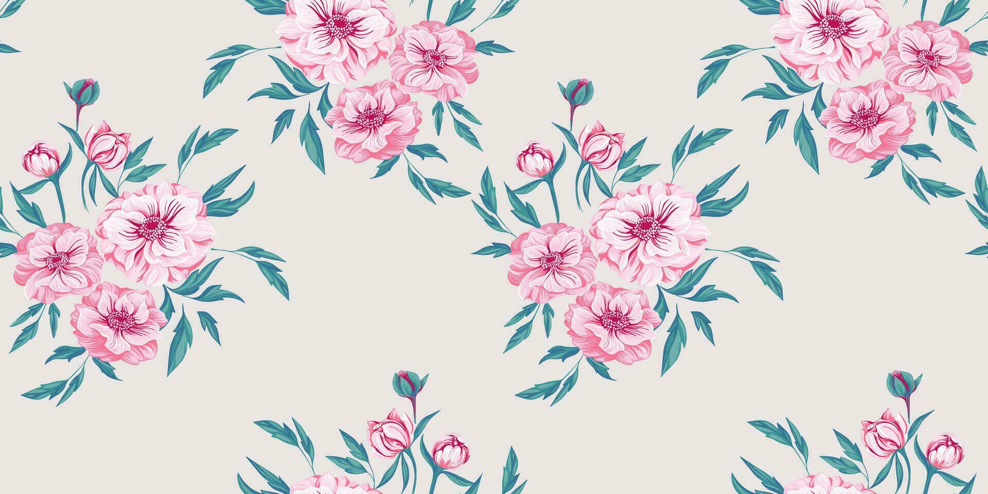 senza soluzione di continuità modello con mazzi di fiori rosa colorato primavera fiori ranuncolo e le foglie su un' leggero sfondo. vettore mano disegnato. artistico, femminile, floreale Stampa. design per moda, tessuto, sfondo.