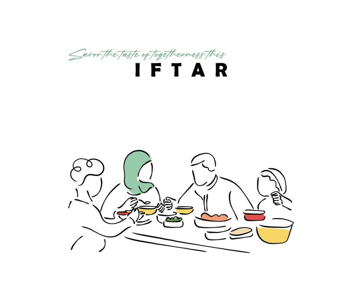 linea arte di musulmano famiglia a iftar volta. vettore