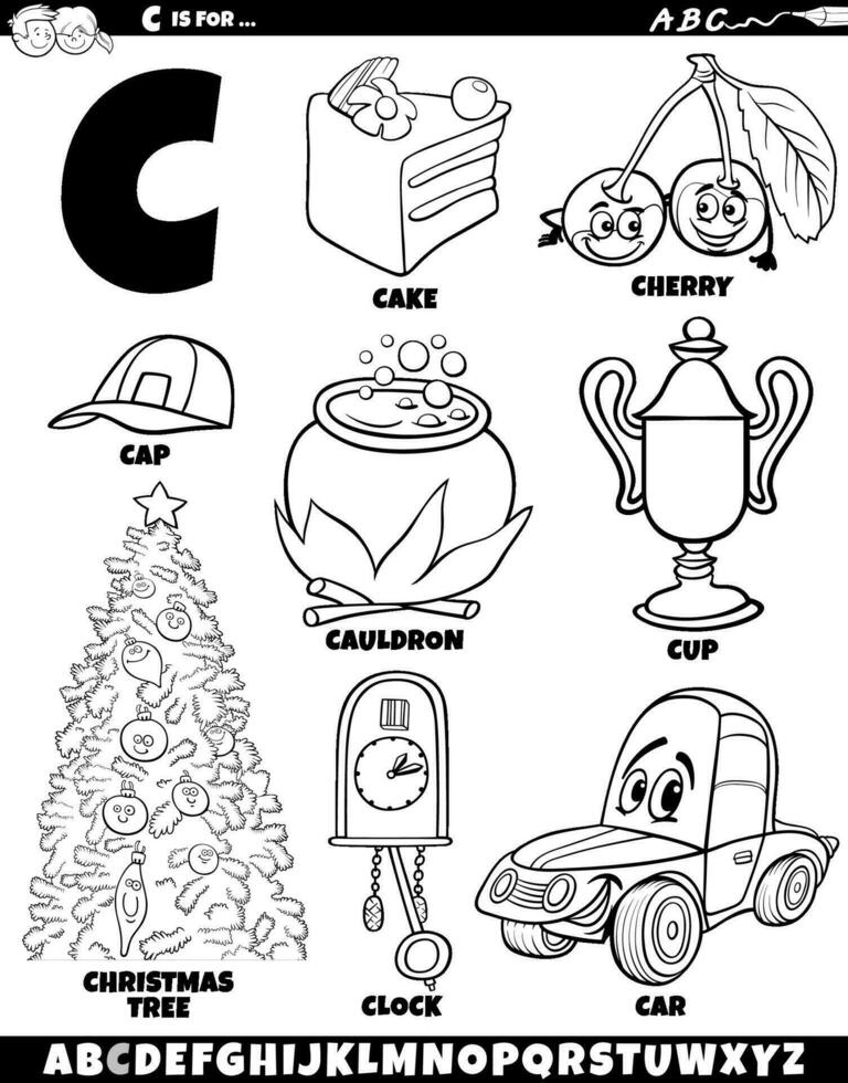 lettera c impostato con cartone animato oggetti e personaggi colorazione pagina vettore
