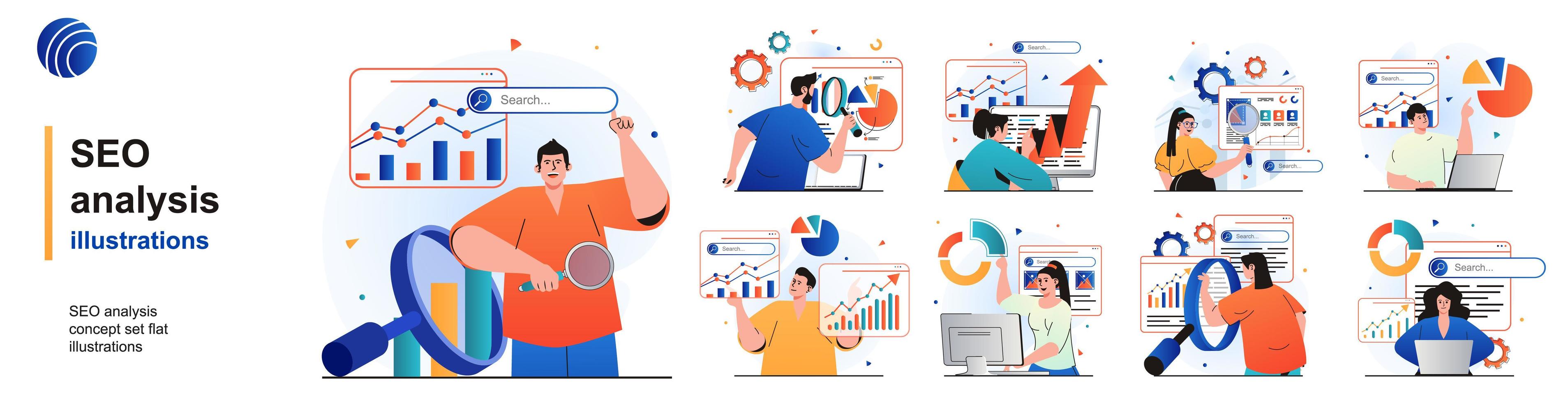 set isolato di analisi seo. analizzare i dati, strategia di successo, ottimizzazione. persone raccolta di scene in design piatto. illustrazione vettoriale per blog, sito Web, app mobile, materiali promozionali.