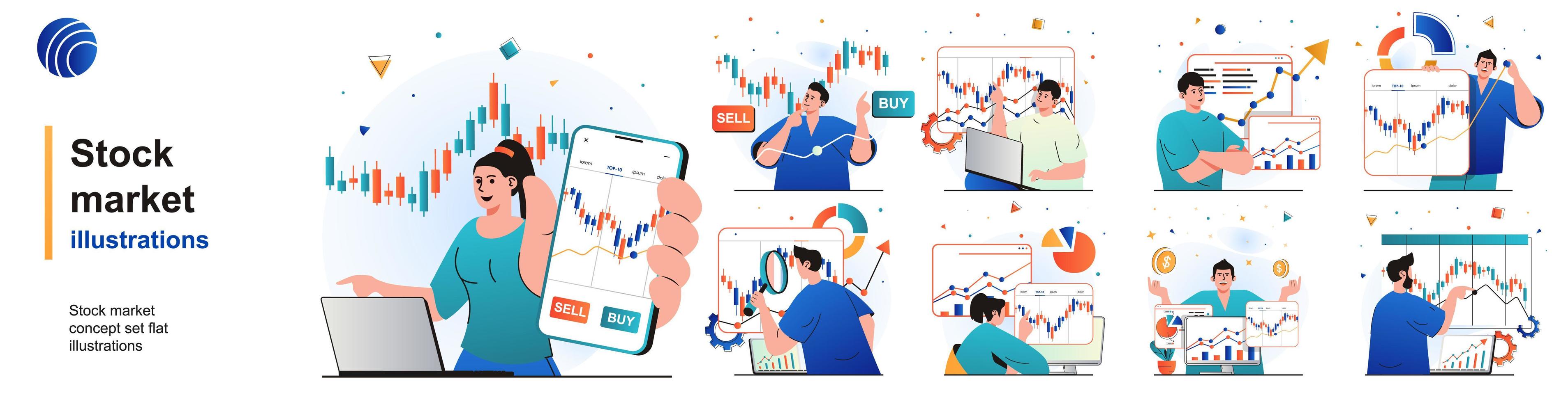 insieme isolato del mercato azionario. statistiche finanziarie, ricerche di mercato, investimenti. persone raccolta di scene in design piatto. illustrazione vettoriale per blog, sito Web, app mobile, materiali promozionali.