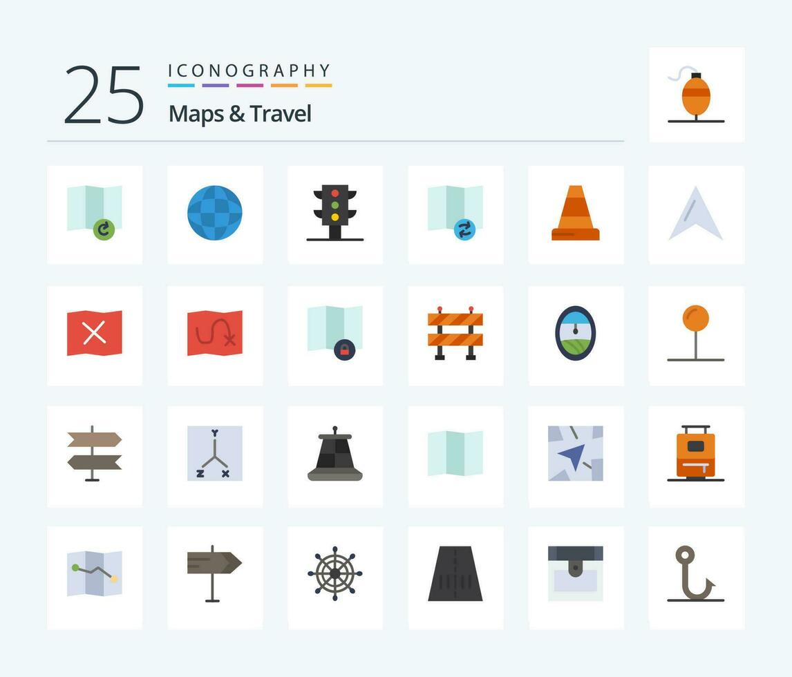 mappe viaggio 25 piatto colore icona imballare Compreso carta geografica. puntatore. sincronizzare. carta geografica. traffico vettore