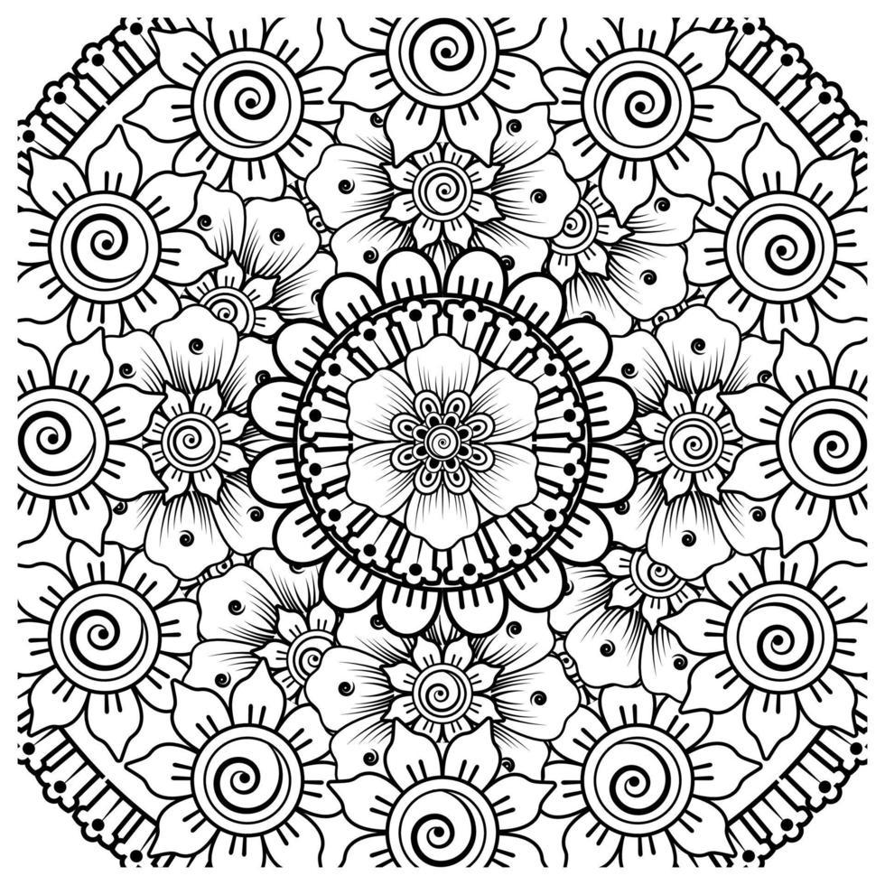 ornamento decorativo fiore mehndi in stile etnico orientale, ornamento scarabocchio, disegno a mano contorno. pagina del libro da colorare. vettore