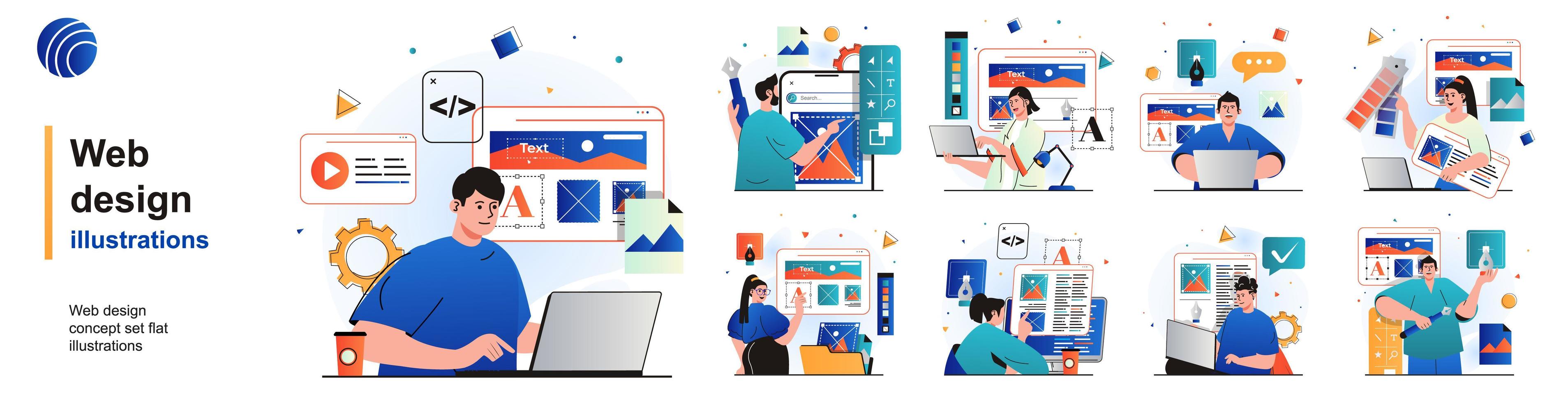 insieme isolato di web design. i designer creano il layout del sito Web, posizionano gli elementi. persone raccolta di scene in design piatto. illustrazione vettoriale per blog, sito Web, app mobile, materiali promozionali.