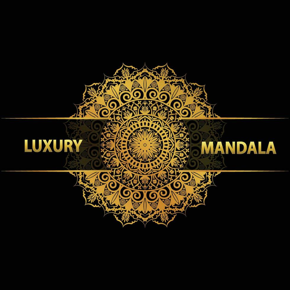 lusso mandala design con nero e d'oro sfondo. mano disegnato oro mandala design. vettore mandala modello per decorazione invito, carte, nozze, loghi, coperchio, opuscolo, volantino, striscione.